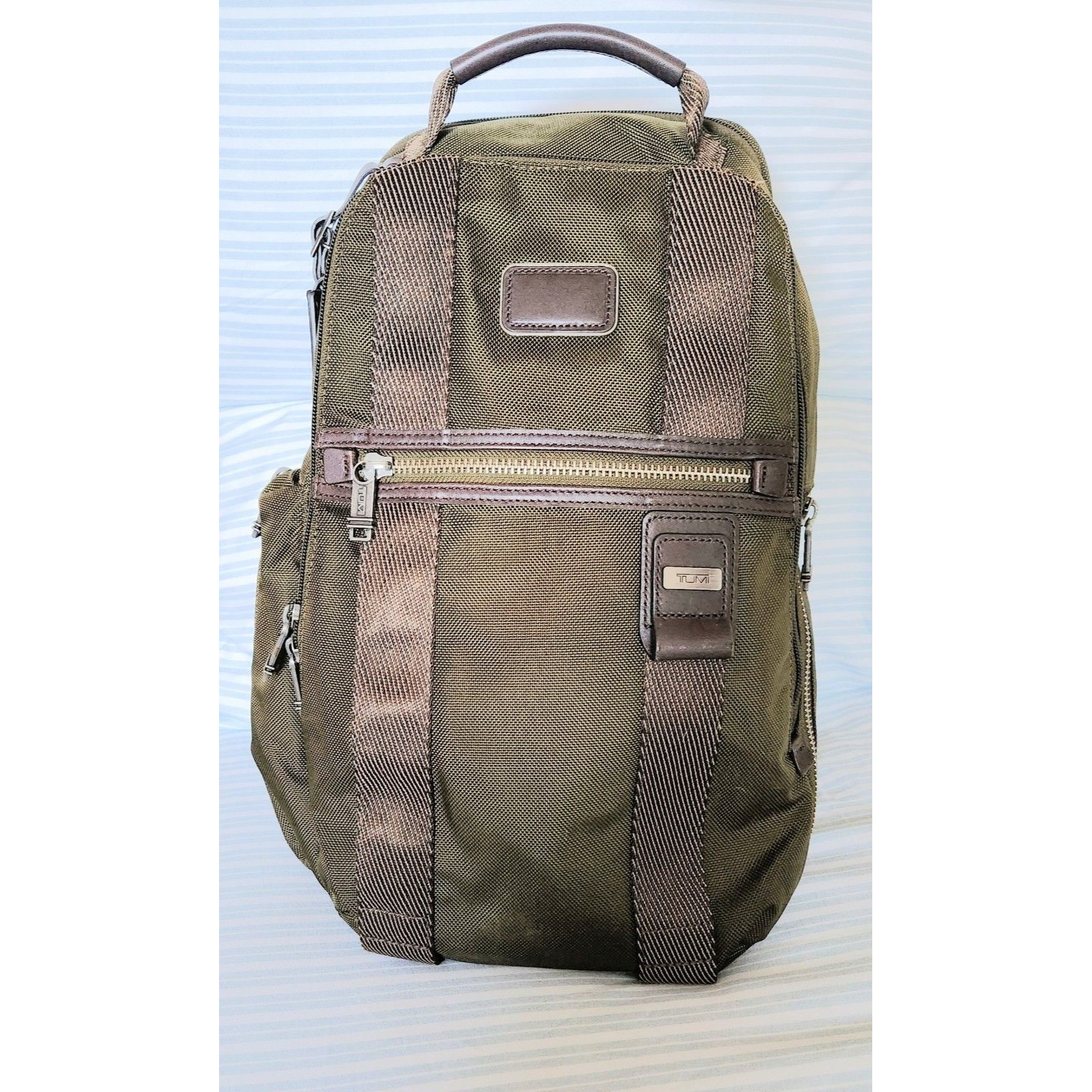 Tumi Olive Green Nylon Backpack With Brown Accents - Men
